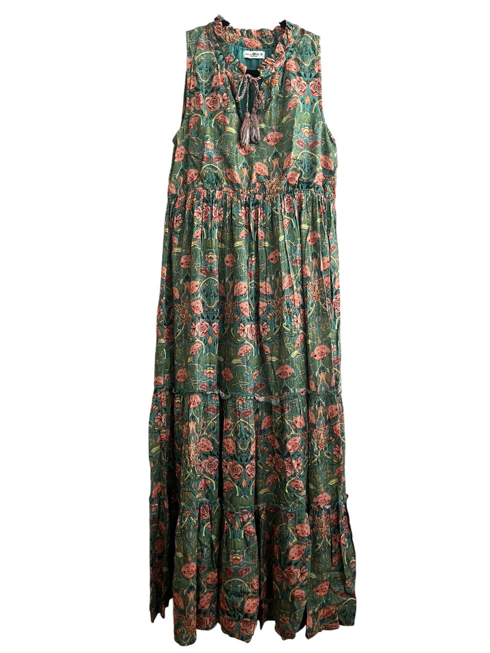 Natural Life Green Floral Metallic Lurex Tiered Maxi Dress Size Medium - Picture 2 of 12
